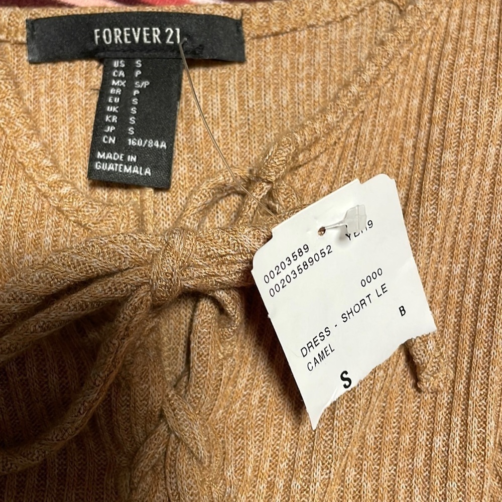 NWT F21 Ribbed Dress Small Camel Tan Tank Mini Lace Jersey Knit Stretch Babydoll - Picture 12 of 14